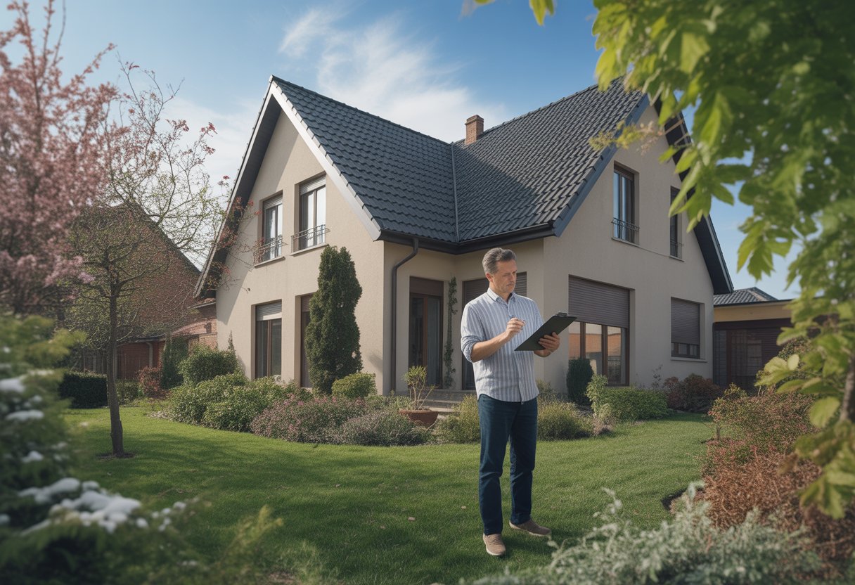 A person inspecting a suburban house and garden outdoors, checking various parts of the property during a bright day.