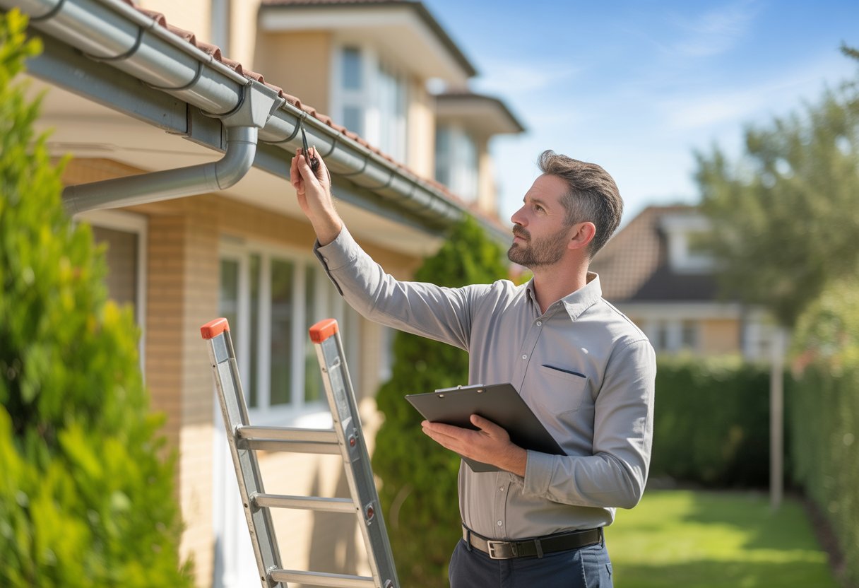 A man inspecting the gutters of a residential building during a property maintenance check on a clear day.