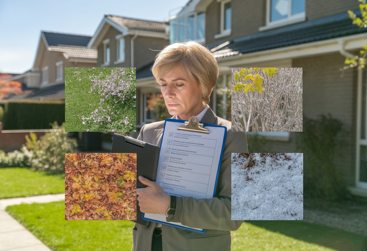 A person standing outside a house holding a clipboard, surrounded by seasonal elements like flowers, autumn leaves, and frost, checking property maintenance.