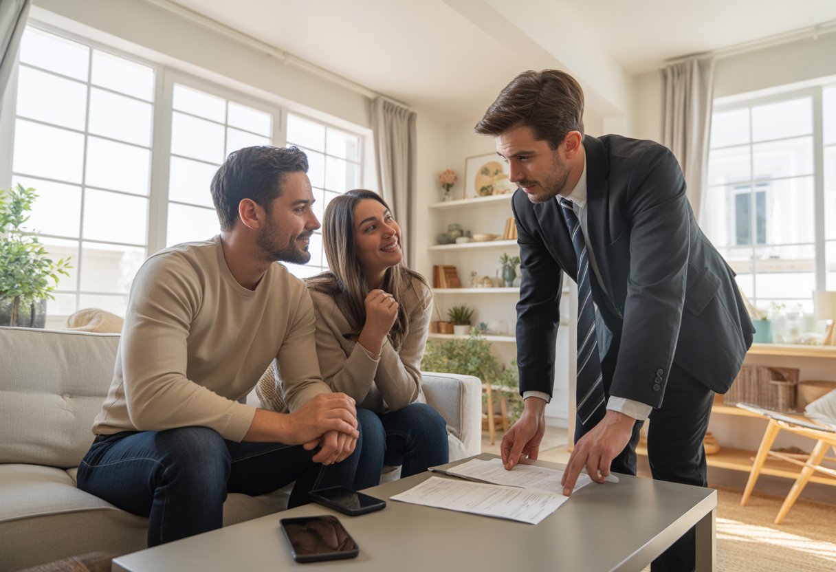 A real estate agent discussing paperwork with a couple in a bright living room of a rental property.