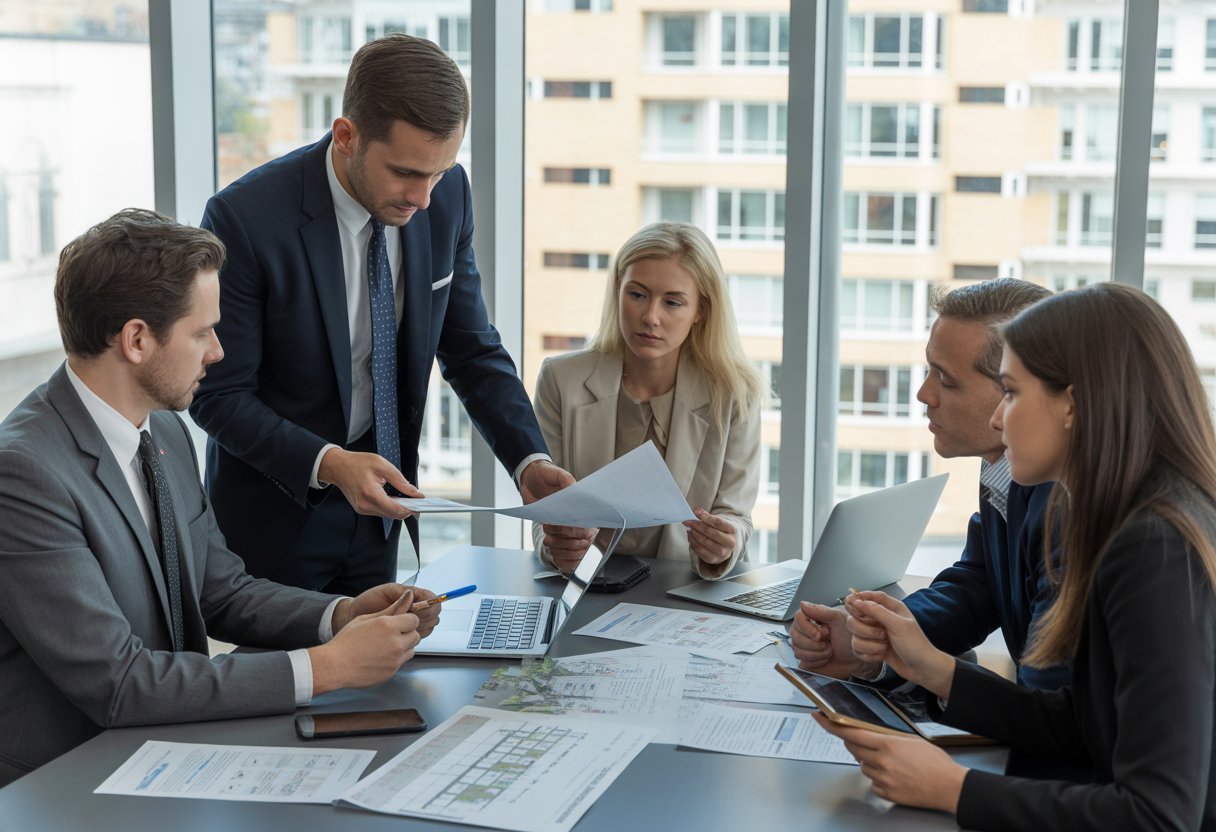 Business professionals discussing documents and charts about real estate and finance in a modern office with a city view.