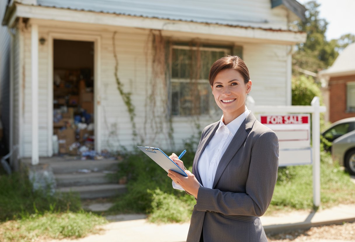 A real estate agent stands in front of a cluttered house with overgrown plants, holding a clipboard and smiling.