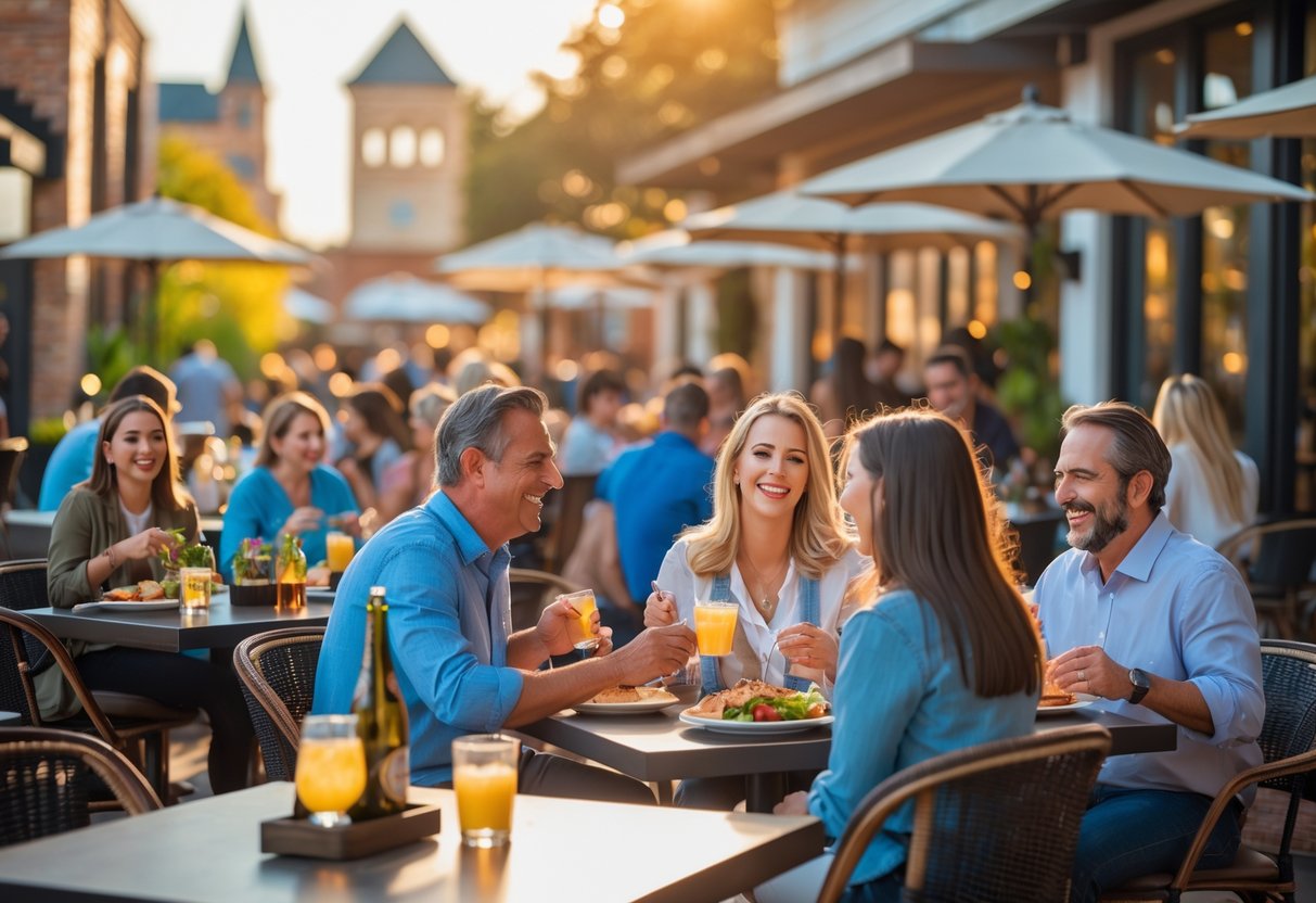 A lively outdoor dining area in Dothan, Alabama, with people enjoying meals and socializing under sunny weather.