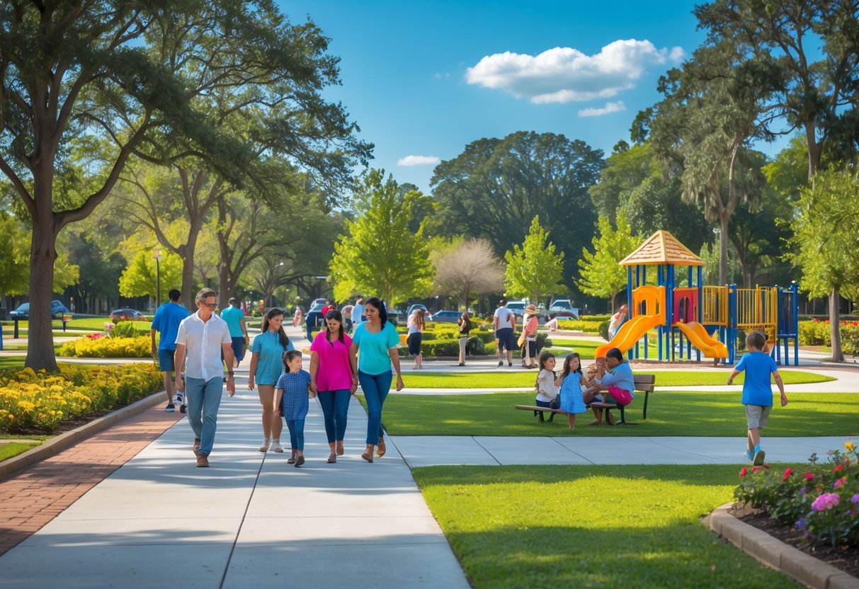 Visitors enjoying a sunny day in a green park with trees, flowers, playground, and picnic areas.