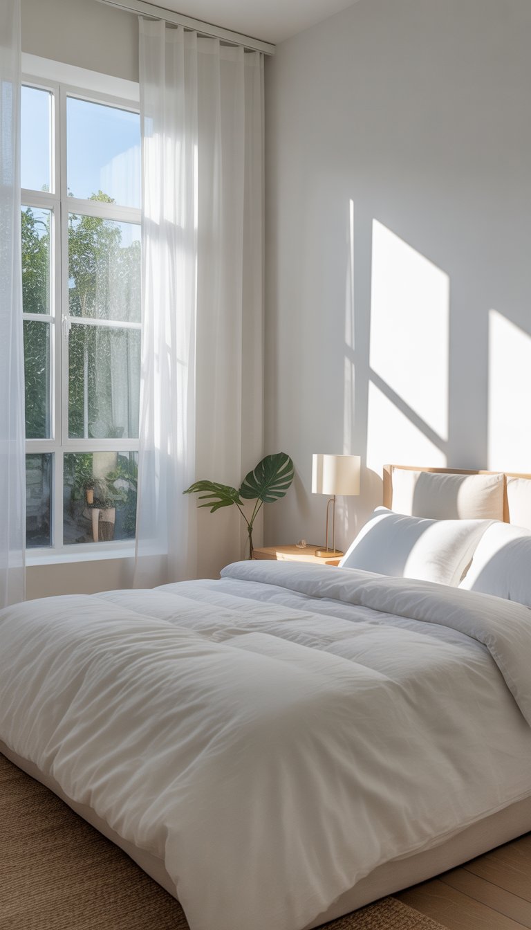 A bright white bedroom with a neatly made bed, a bedside table with a lamp and a green plant, and sunlight coming through a window with sheer curtains.