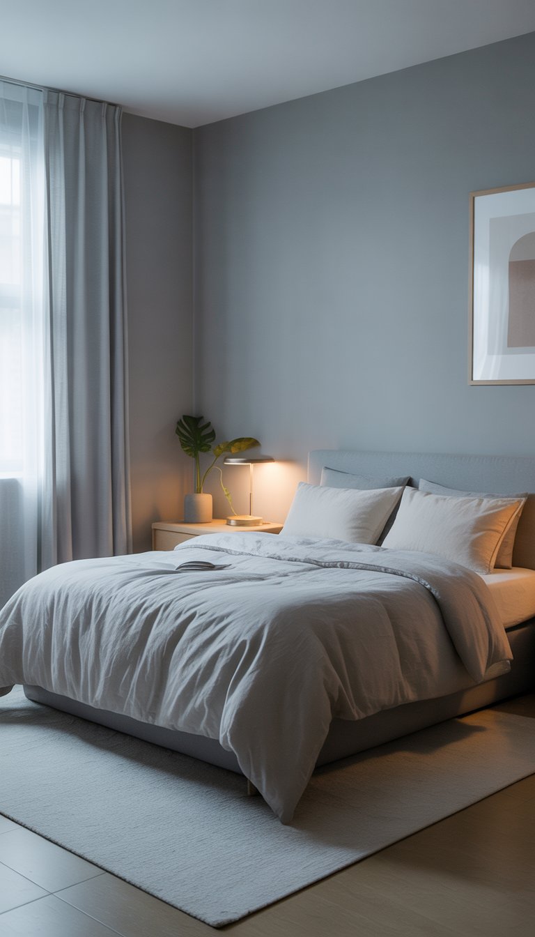 A calm bedroom with a neatly made bed, grey walls, a wooden nightstand with a lamp, a potted plant, and a window with sheer curtains.