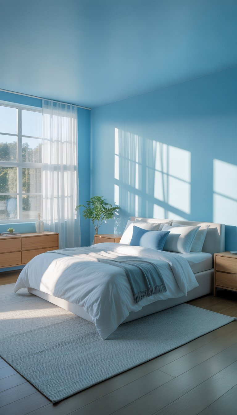 A tidy bedroom with a bed, bedside table, wooden furniture, and a potted plant near large windows letting in natural light.