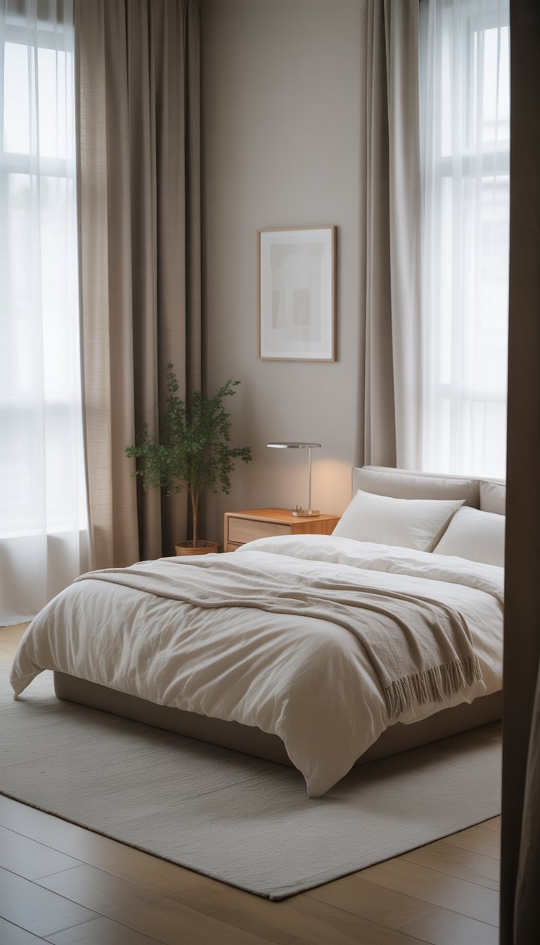 A clean and bright bedroom with a low bed, white linens, a small nightstand with a lamp, a potted plant, and soft natural light coming through sheer curtains.