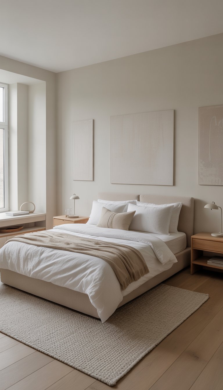 A neatly arranged bedroom with a bed, nightstands, lamps, a window, and light-colored walls and flooring.
