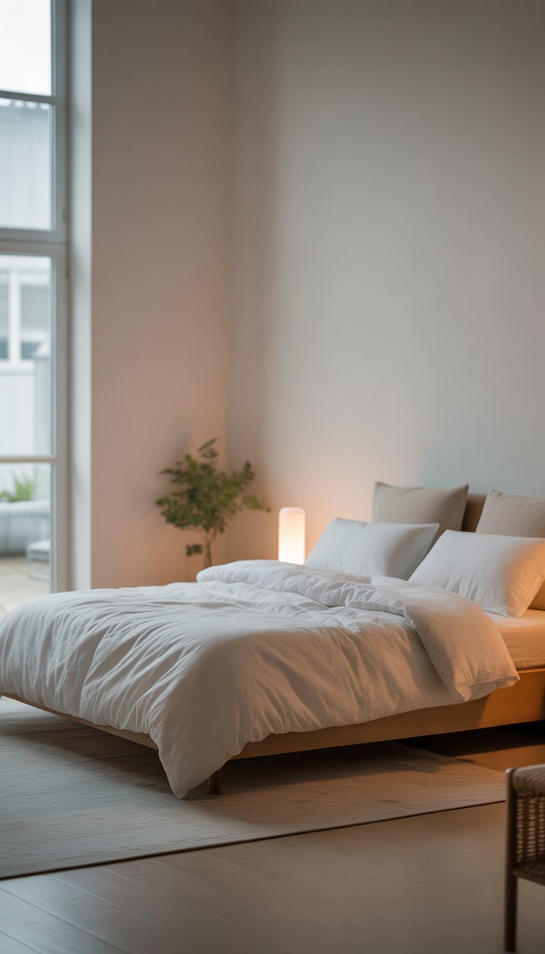 A bright bedroom with a neatly made bed, a small bedside table with a lamp, a potted plant, and natural light coming through large windows.