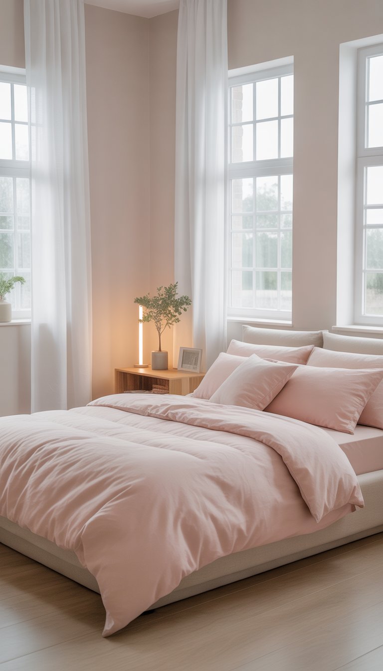 A bright bedroom with a neatly made bed featuring pink bedding, a wooden nightstand with a plant and lamp, and large windows letting in natural light.