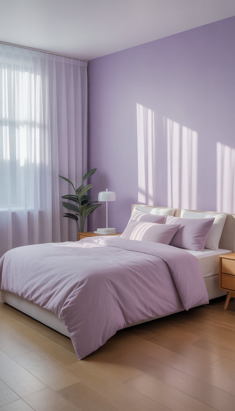 A bedroom with a lavender color scheme, a neatly made bed, natural light from a window with sheer curtains, and simple wooden furniture.