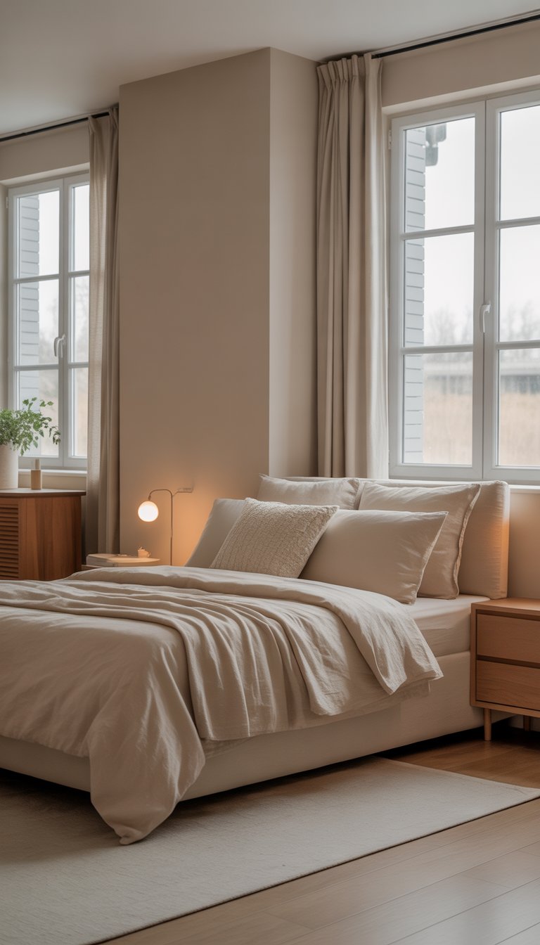 A cozy bedroom with a beige bed, wooden furniture, natural light from windows, and a small indoor plant.