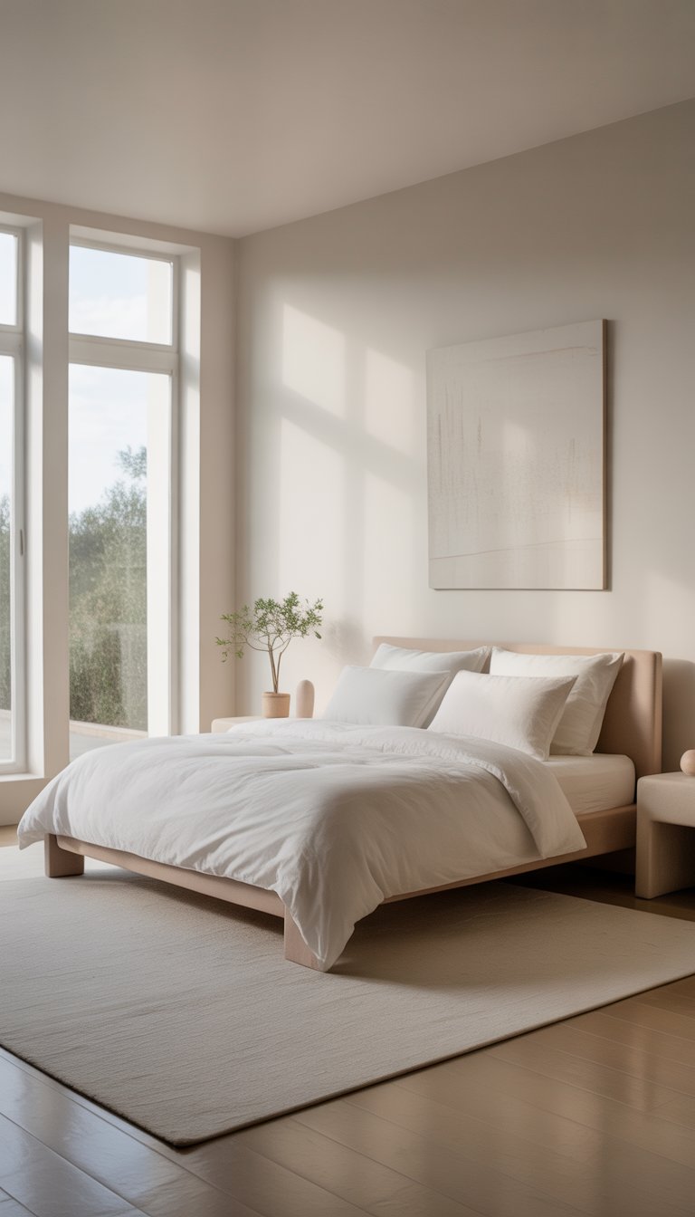 A bright bedroom with a neatly made bed, a small plant on a bedside table, and large windows letting in natural light.
