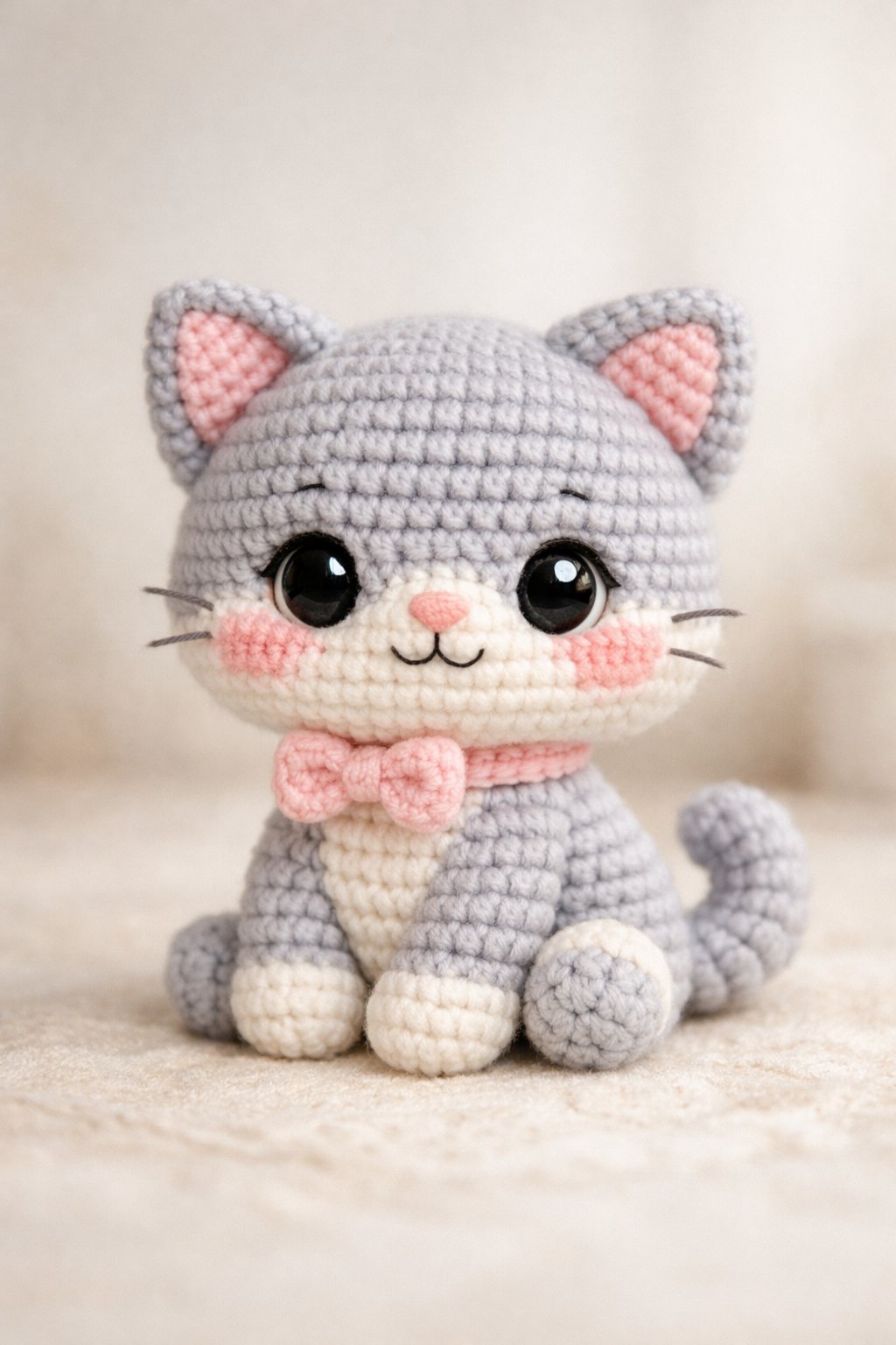 A small, cute crocheted cat sitting upright with a curled tail.