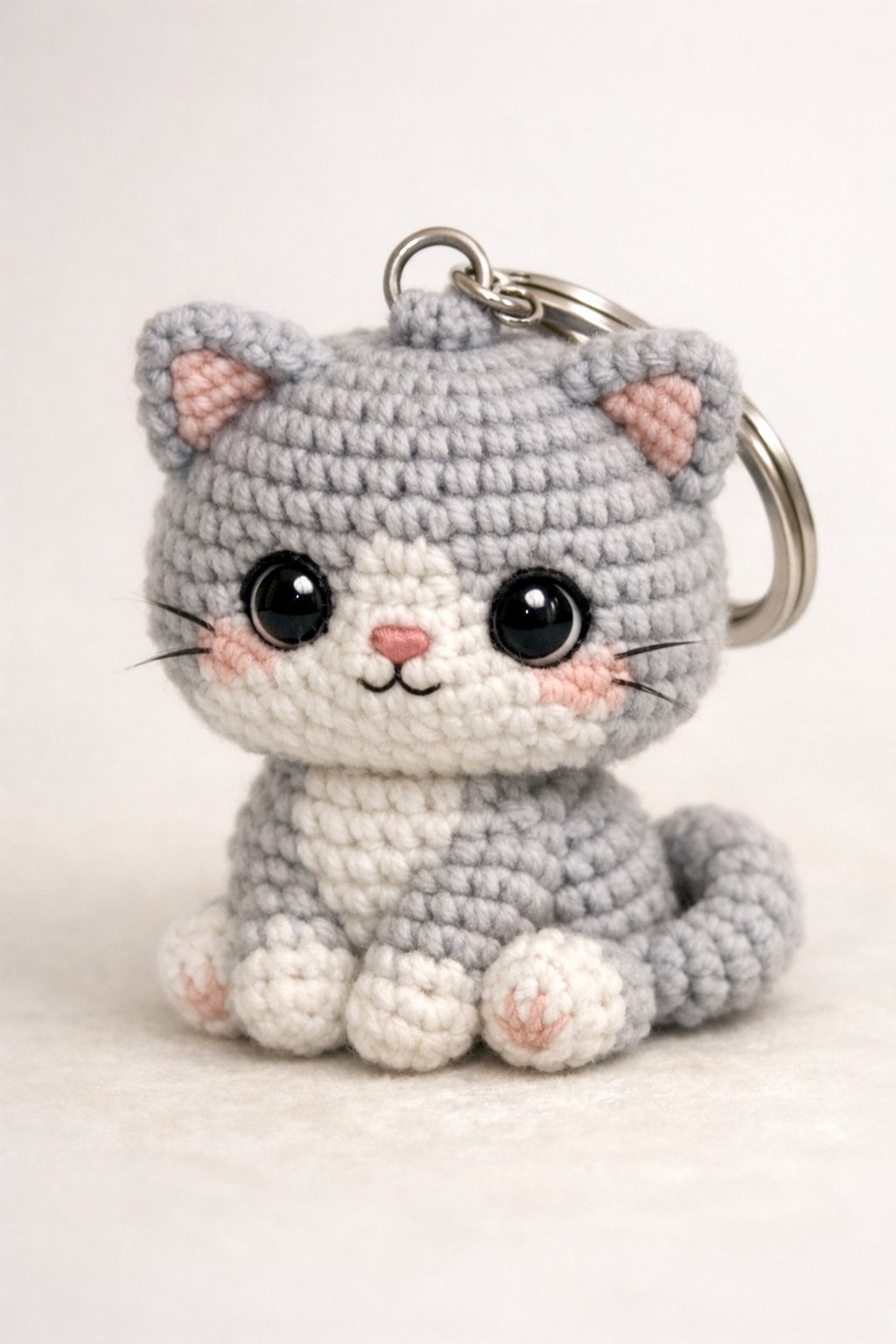 A small crochet cat keychain with a round head, large eyes, and a curled tail, attached to a metal keyring.