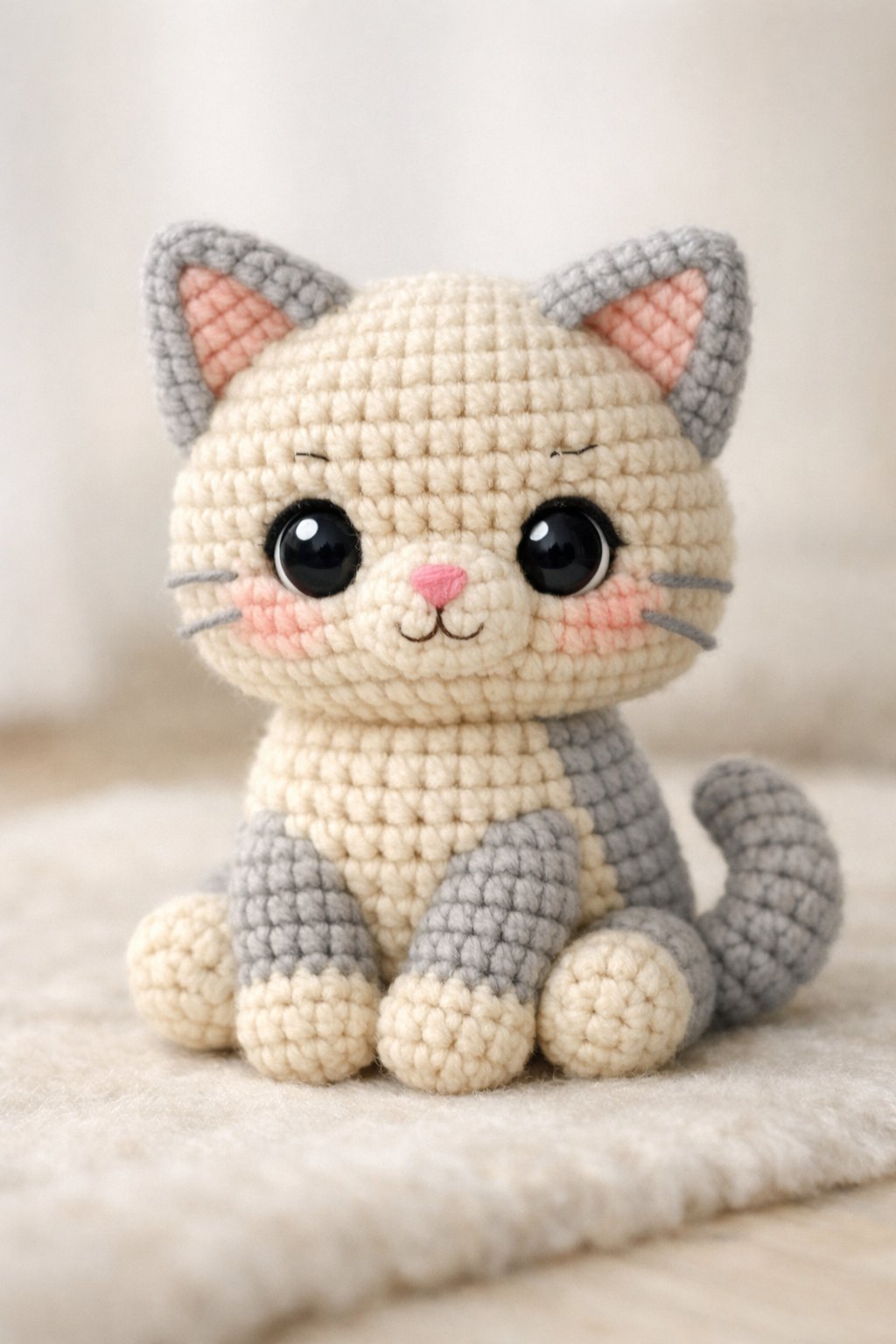 A small crocheted cat amigurumi sitting upright with large eyes and a curled tail on a soft surface.