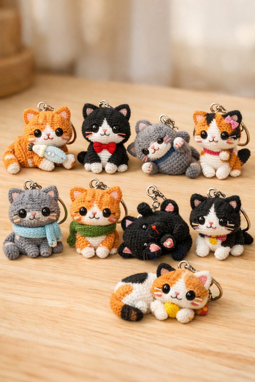 A group of small crocheted cat keychains in different colors and poses displayed on a wooden surface.