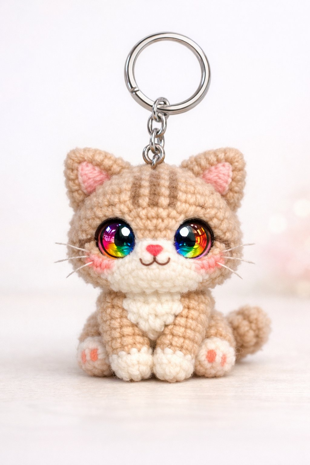 A small crocheted cat keychain with rainbow-colored eyes and a silver keyring on a soft pastel background.