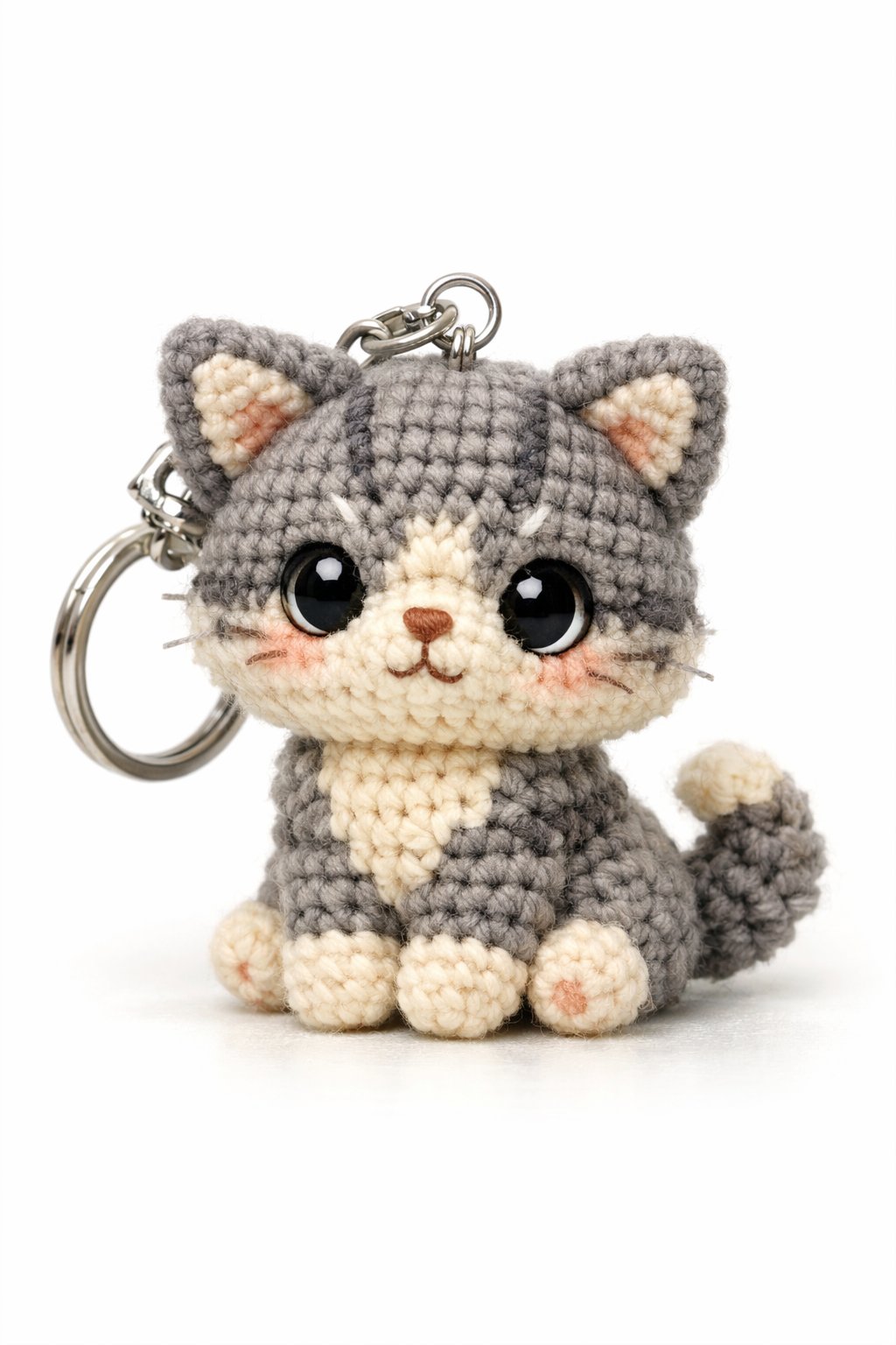 A small crochet cat keychain with a tiny tail and large expressive eyes sitting upright.