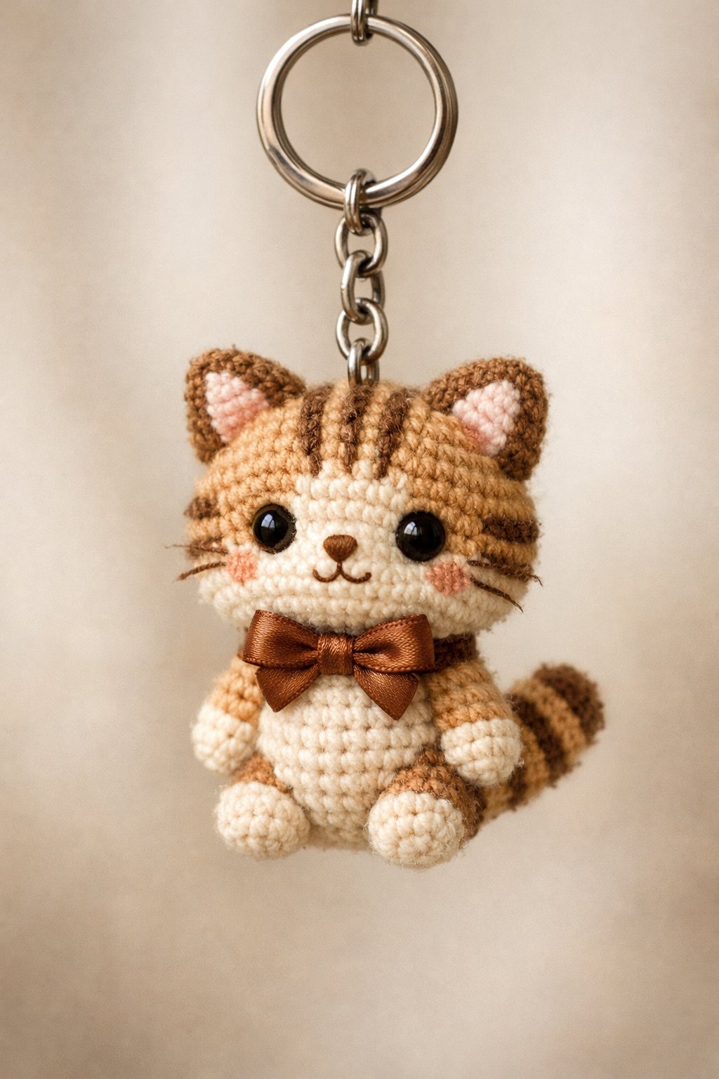 A small crocheted cat keychain with a bowtie hanging from a metal ring.
