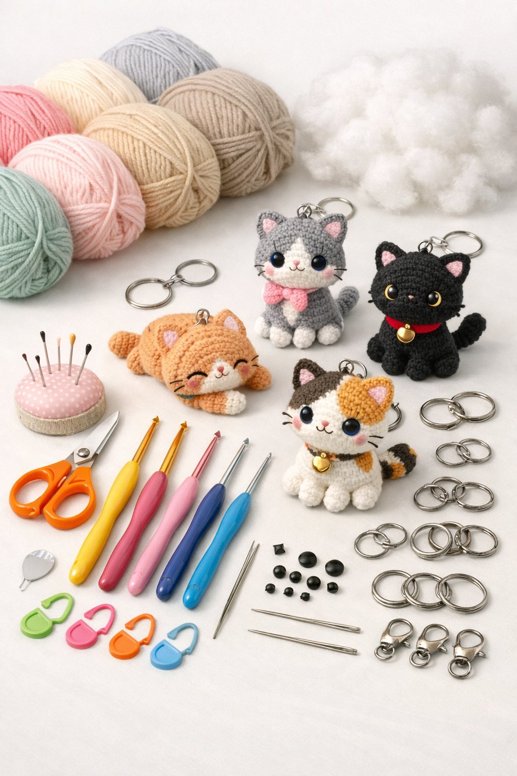 A collection of yarn, crochet hooks, scissors, stuffing, and small crocheted cat keychains arranged on a clean surface.
