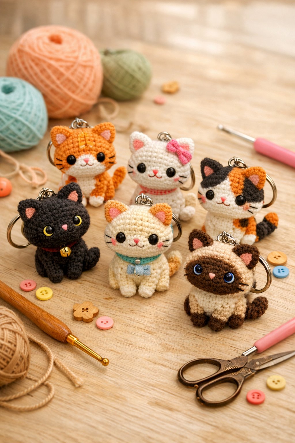 A collection of handmade crochet cat keychains displayed with yarn and crafting tools on a wooden surface.