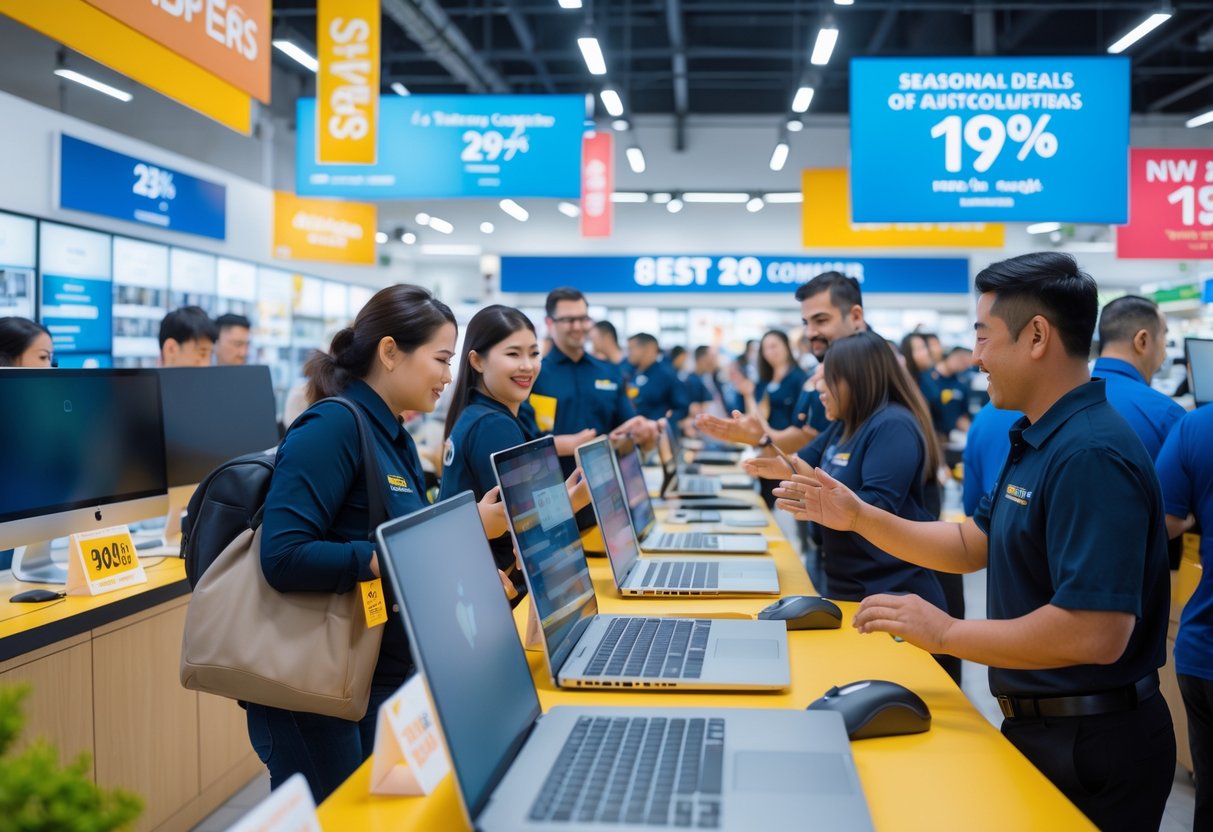 Customers shopping for laptops and desktop computers in a busy electronics store during a sales event with employees assisting them.