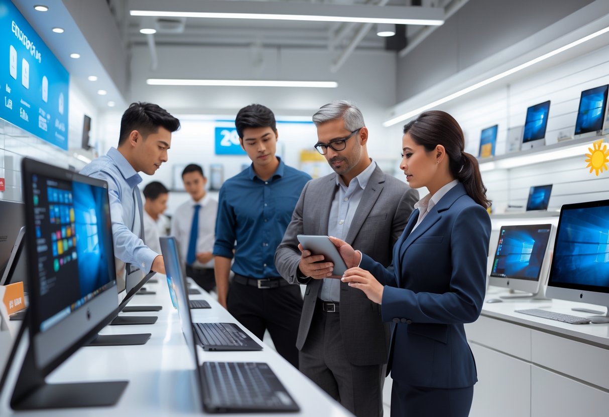 Customers and a store employee examining computers in a bright electronics store with seasonal decorations.