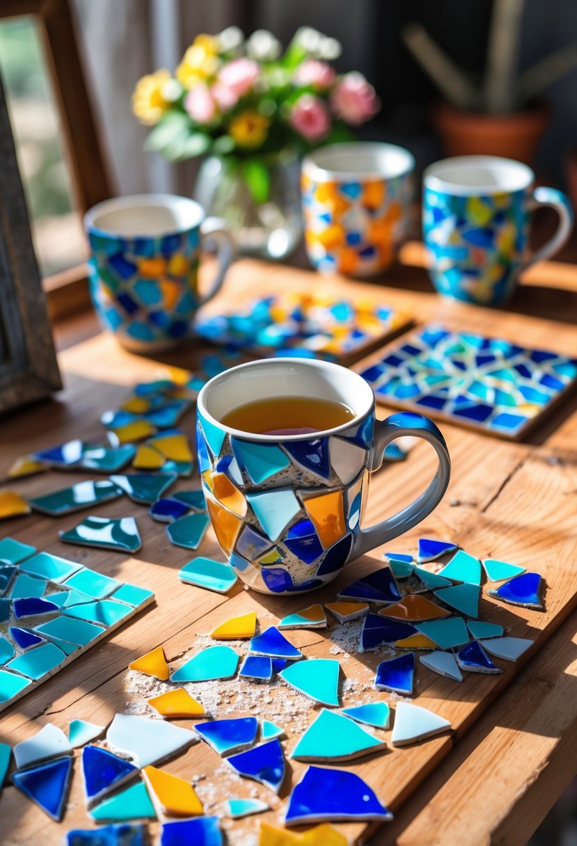 A workspace with broken ceramic mug pieces arranged into colorful mosaic crafts on a wooden table.