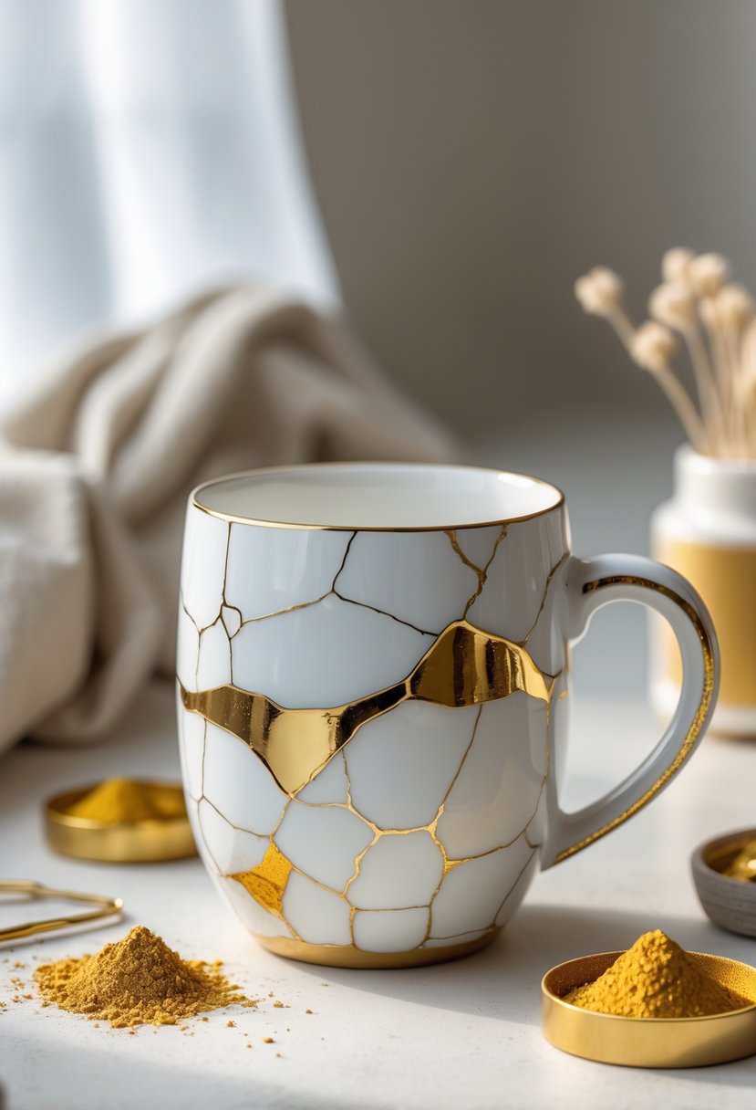 A white ceramic mug repaired with gold lacquer highlighting its cracks, placed on a neutral surface with crafting tools nearby.