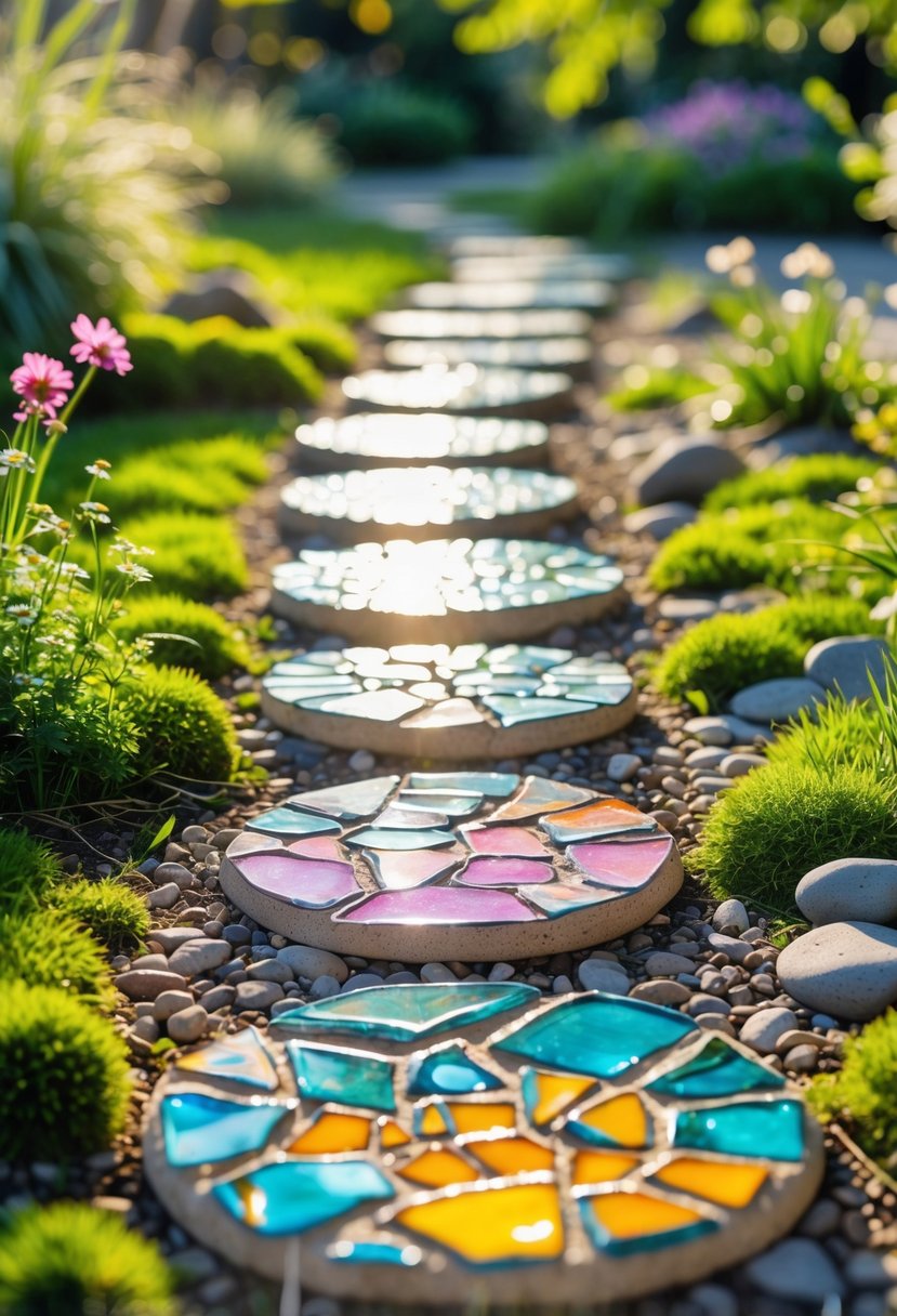 A garden path with stepping stones made from colorful broken ceramic pieces surrounded by green grass and plants.