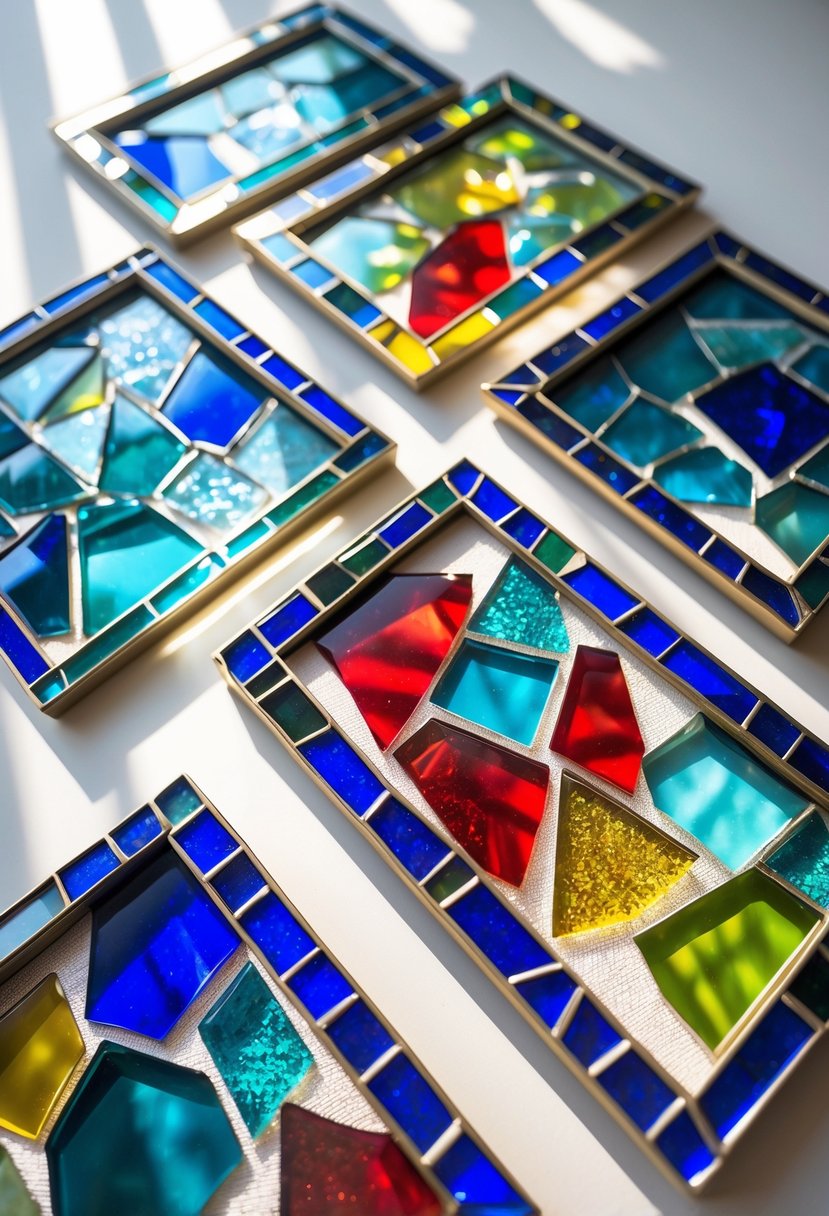 A collection of mosaic picture frames made with colorful broken glass shards arranged on a neutral background.