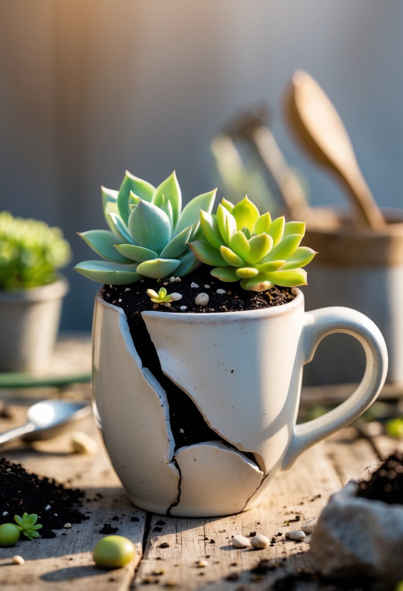 A broken ceramic mug used as a planter holding small green succulent plants on a wooden surface with gardening tools nearby.