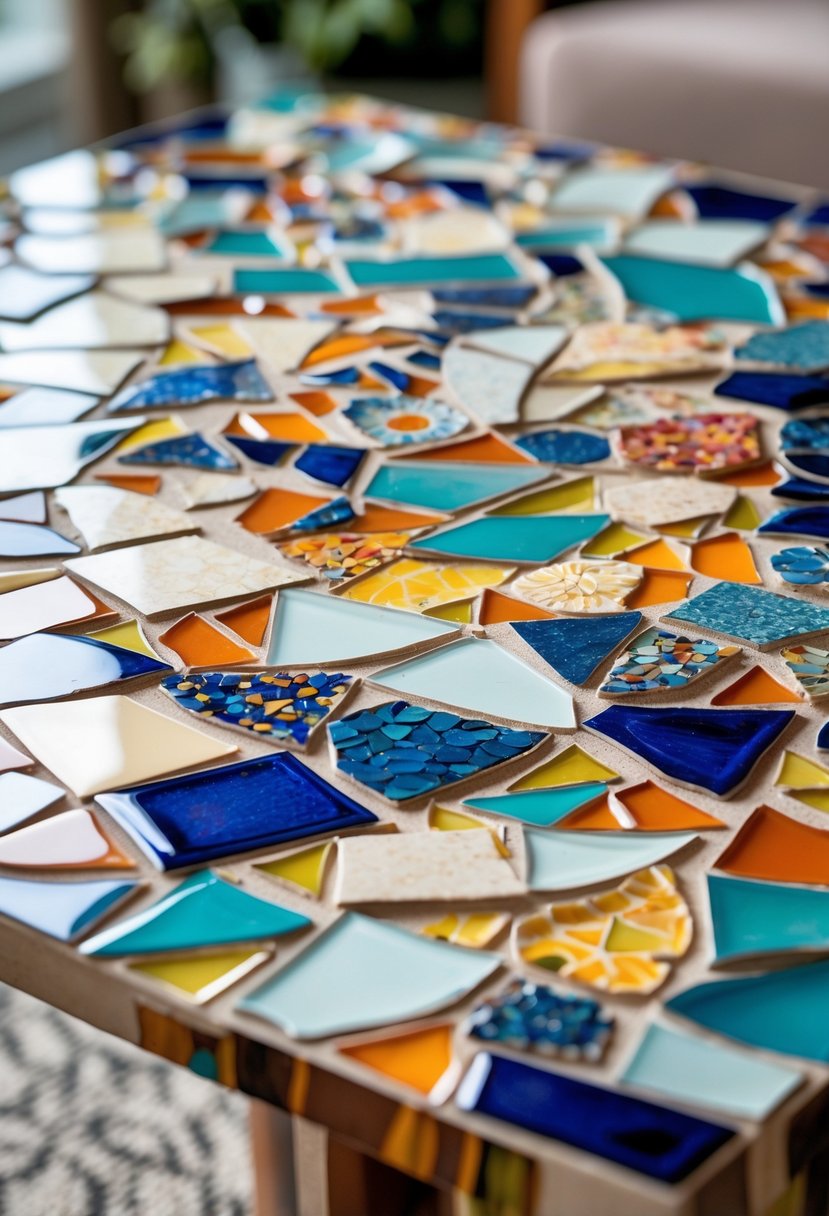 A tabletop decorated with a colorful mosaic pattern made from broken ceramic pieces.