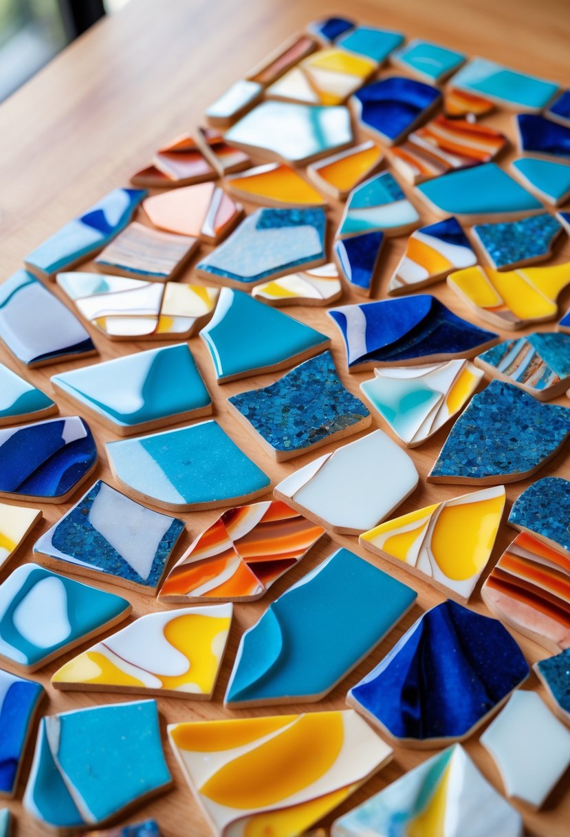 A mosaic artwork made from broken colorful ceramic mug pieces arranged on a wooden surface.
