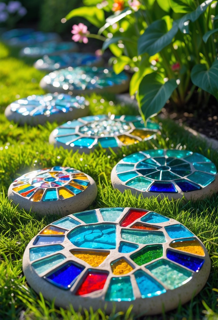 Close-up of colorful glass mosaic stepping stones arranged on green grass in a garden setting.