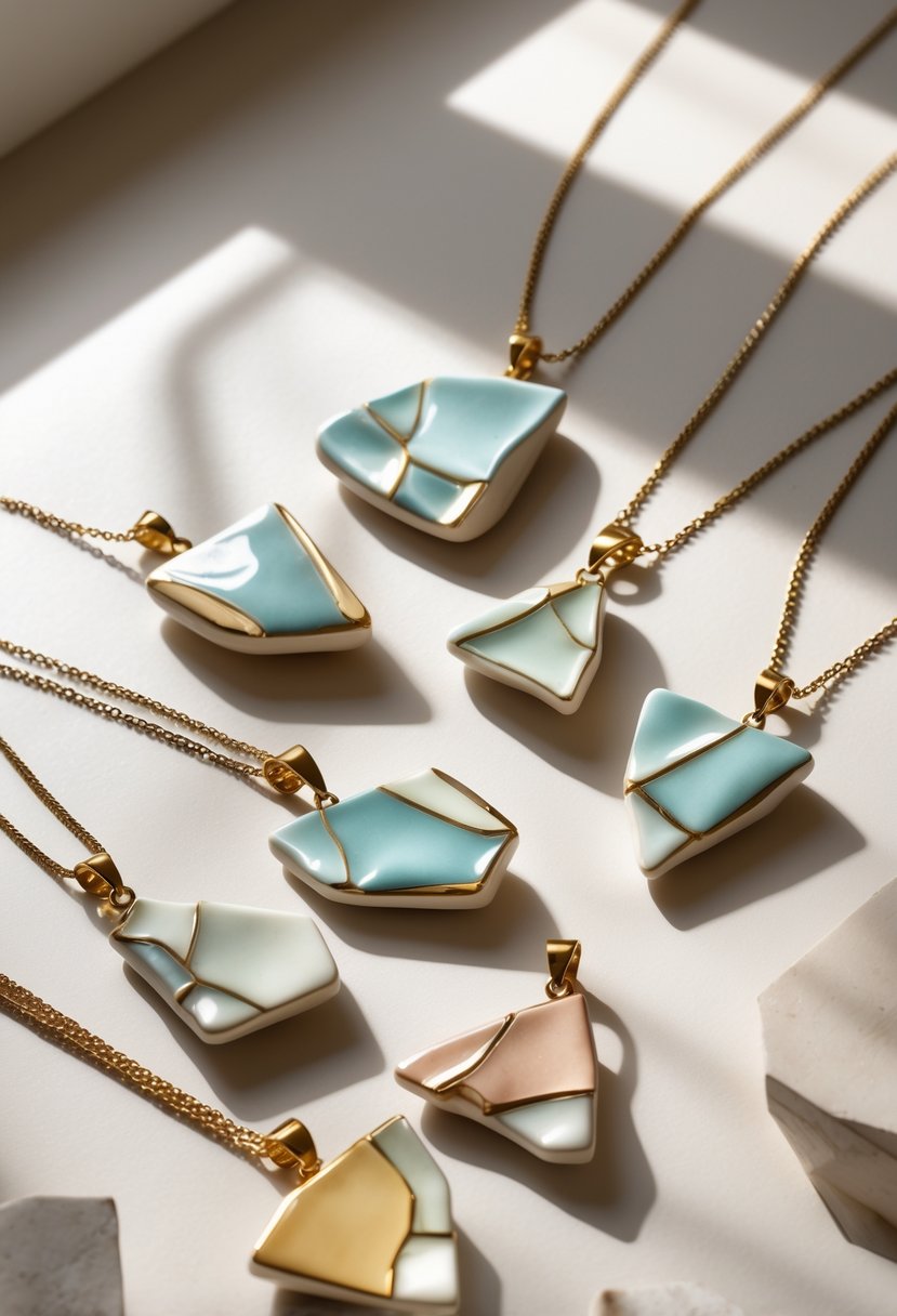 Close-up of several ceramic shard pendant necklaces arranged on a neutral surface.