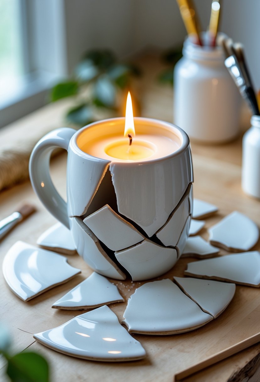 A broken ceramic mug arranged as a candle holder with a lit candle inside, placed on a wooden surface with craft materials nearby.