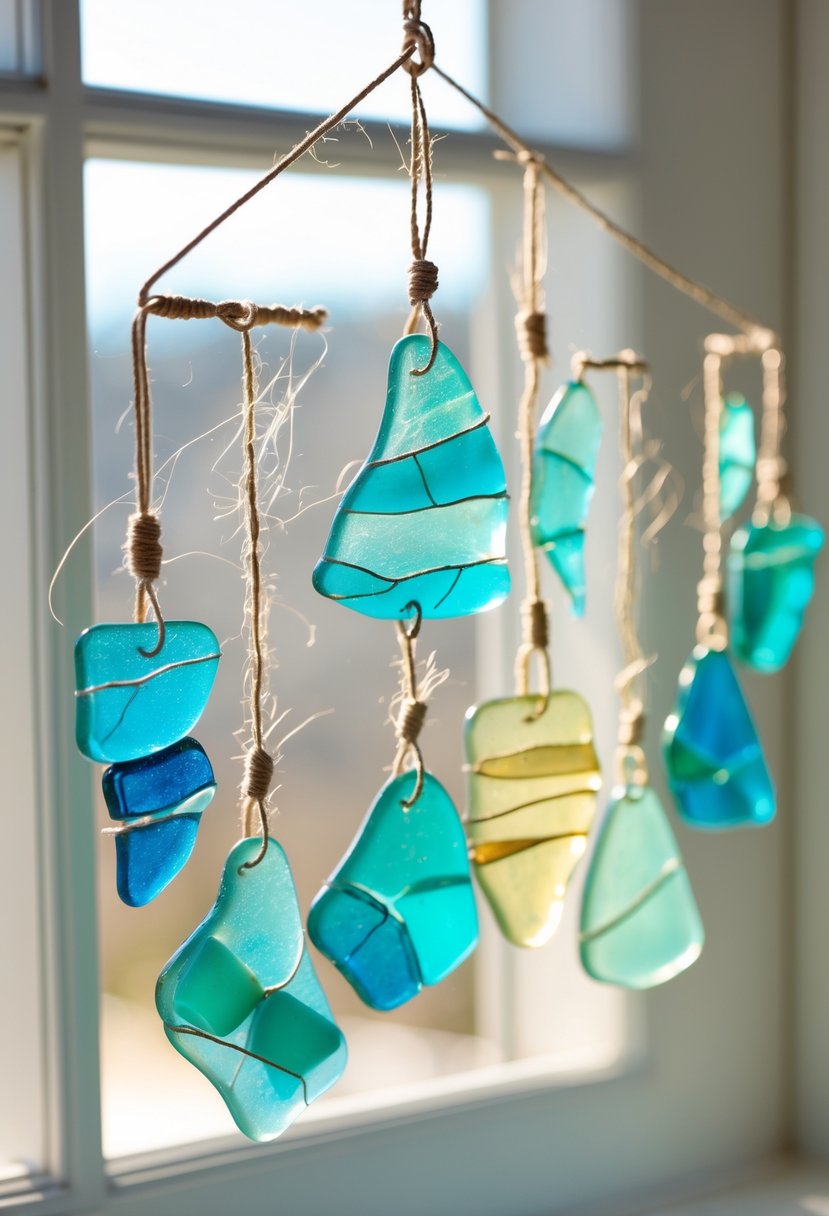 A collection of colorful broken glass sun catchers hanging in front of a window with sunlight shining through.