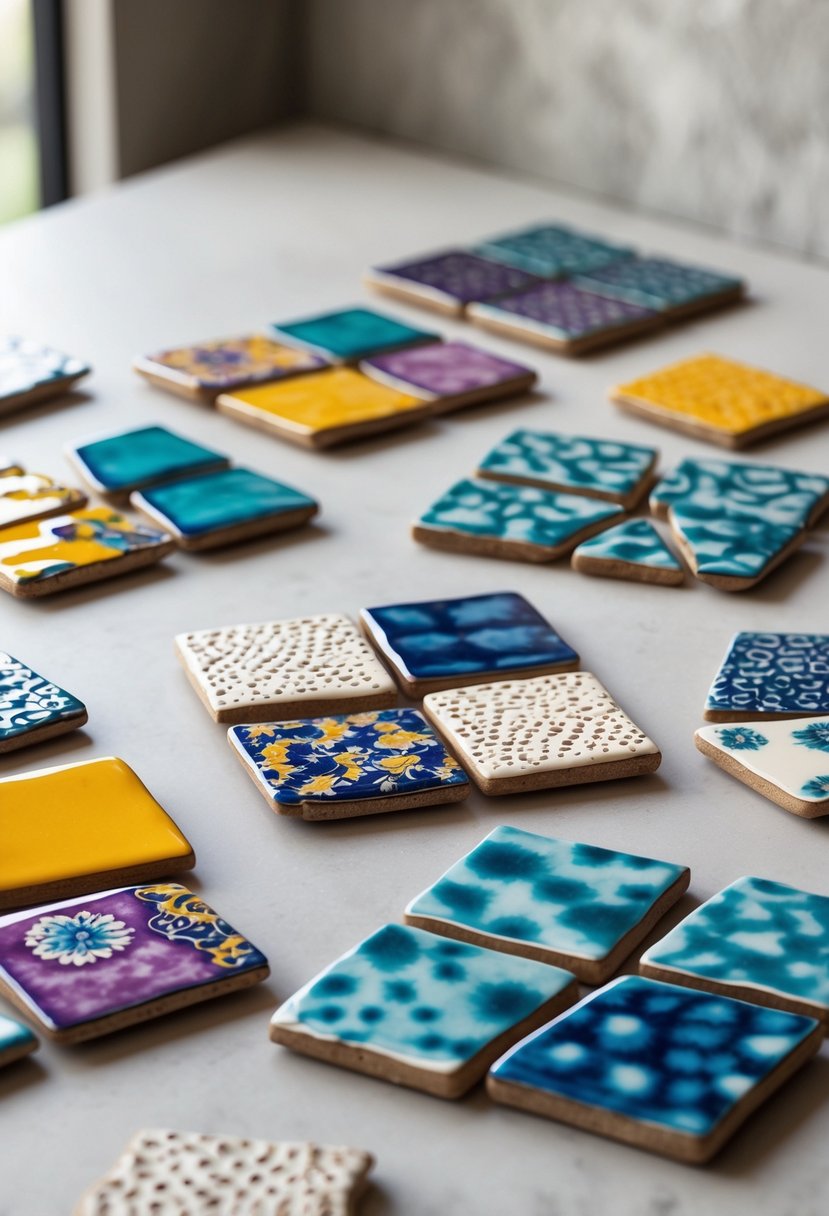 A group of colorful broken ceramic tile coasters arranged on a neutral surface.