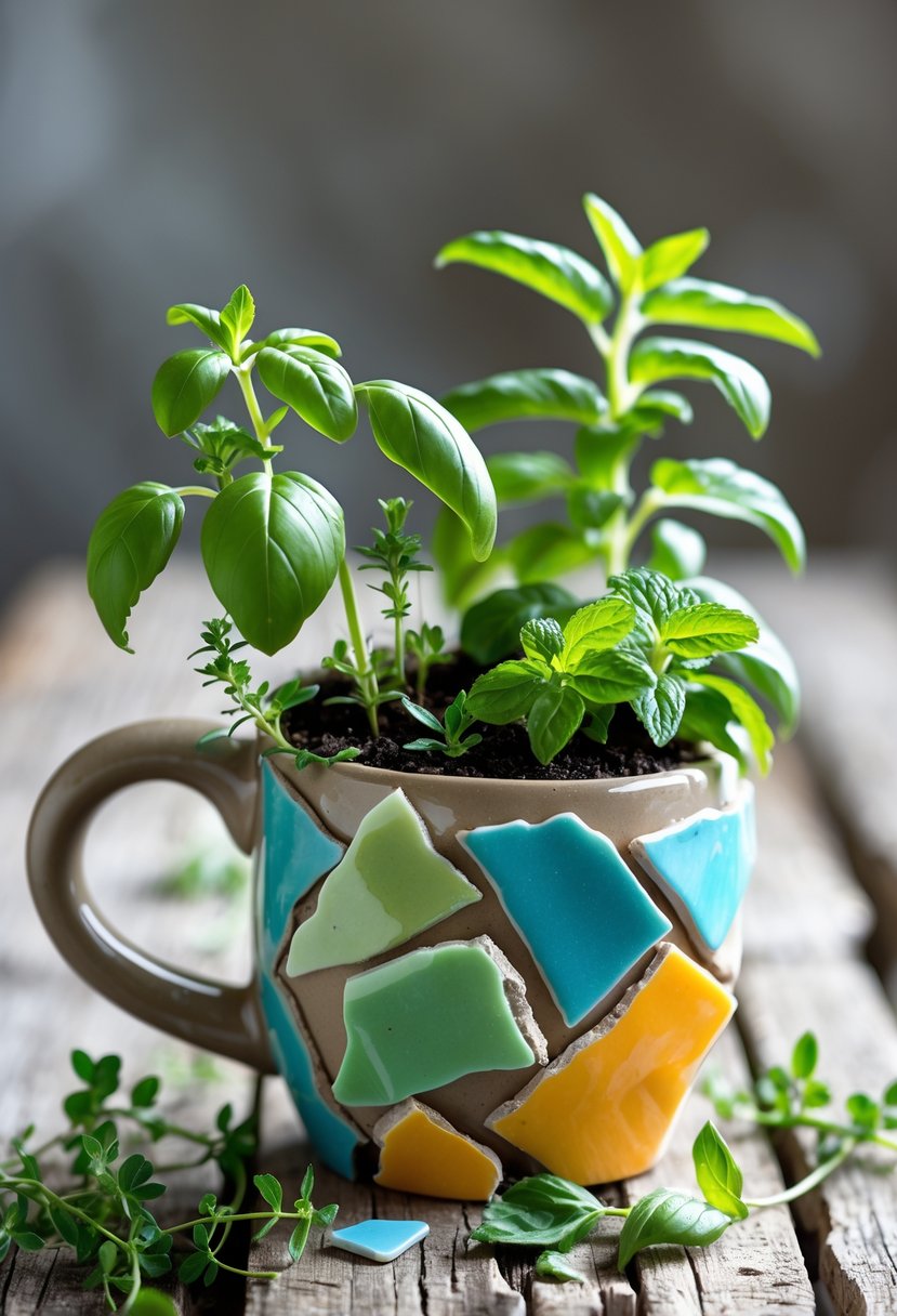 Mini herb plants growing in broken pieces of a ceramic mug arranged on a wooden surface.