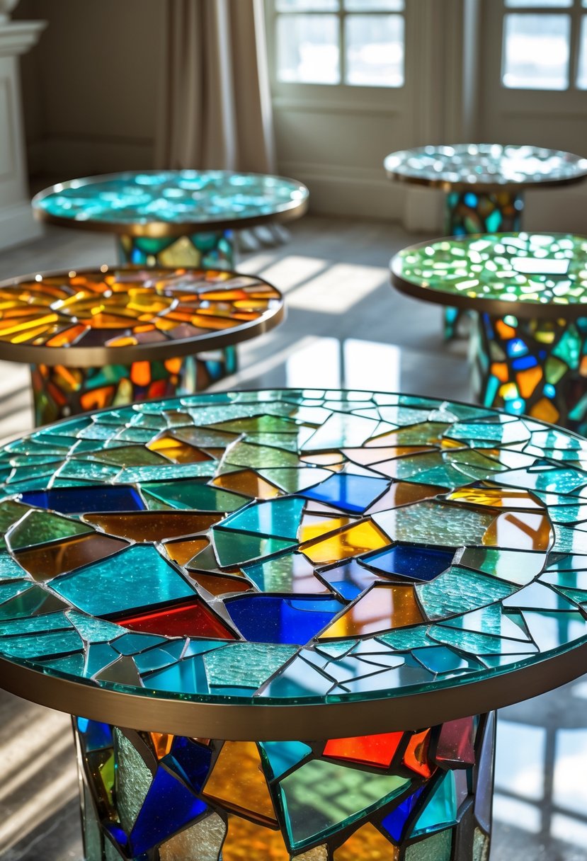 Several tabletops decorated with colorful broken glass mosaic patterns arranged in a softly lit setting.