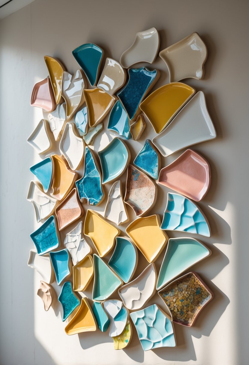 A wall decorated with an abstract arrangement of broken ceramic plate pieces forming a colorful pattern.