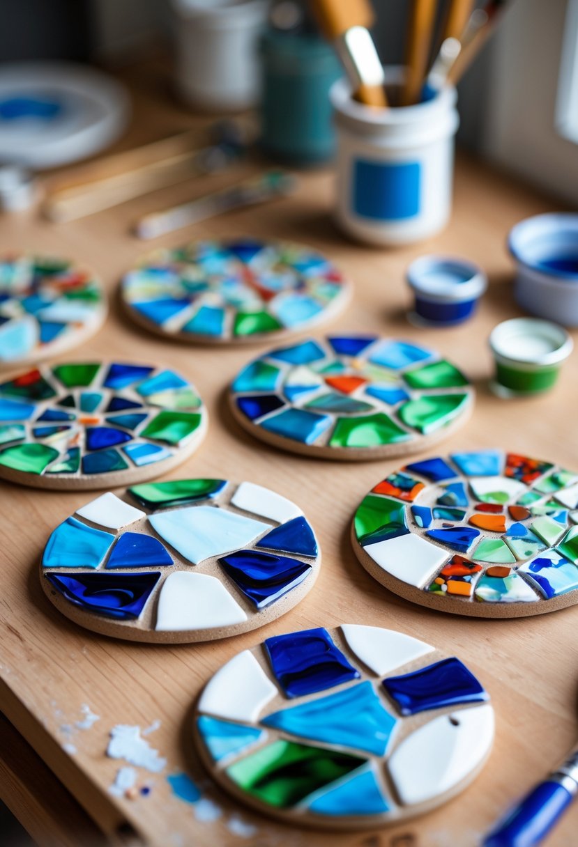 A set of colorful mosaic coasters made from broken ceramic pieces arranged on a wooden table with crafting tools in the background.