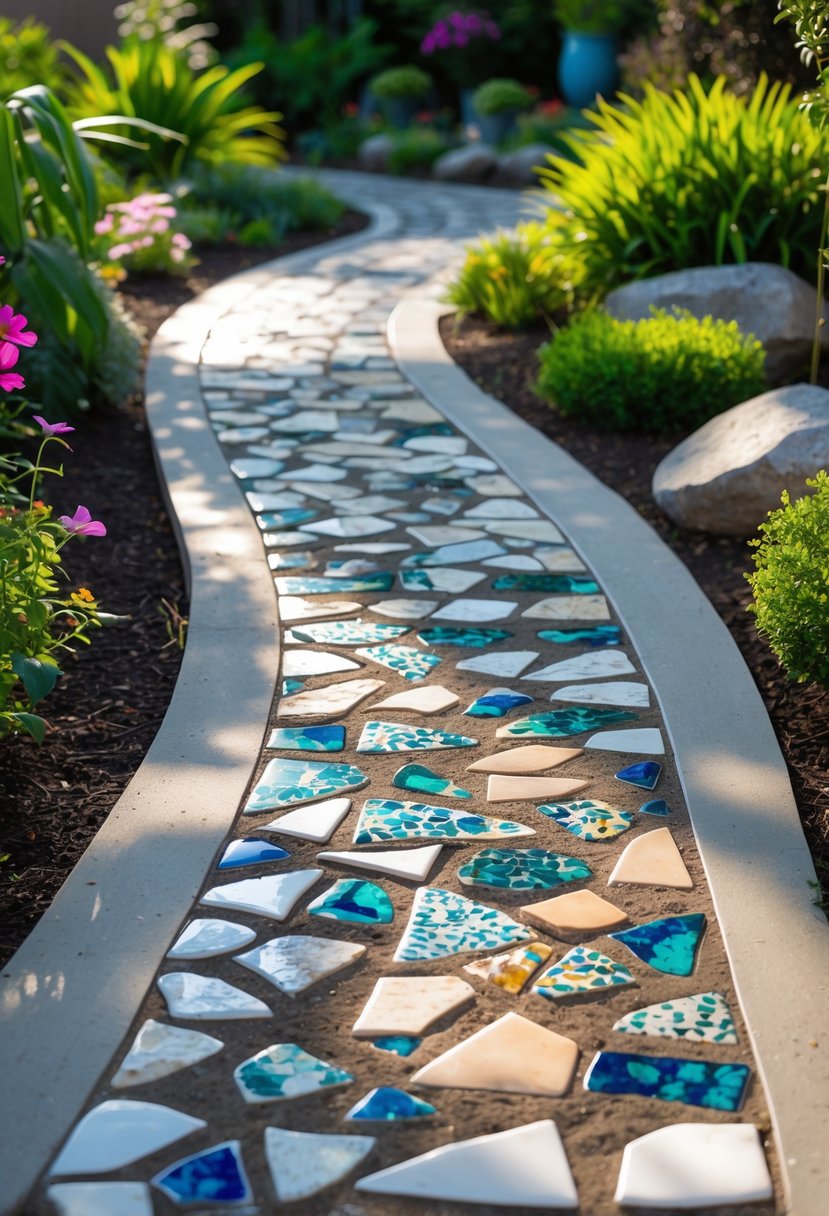 A garden path made of concrete with colorful broken ceramic pieces embedded, surrounded by plants and flowers.
