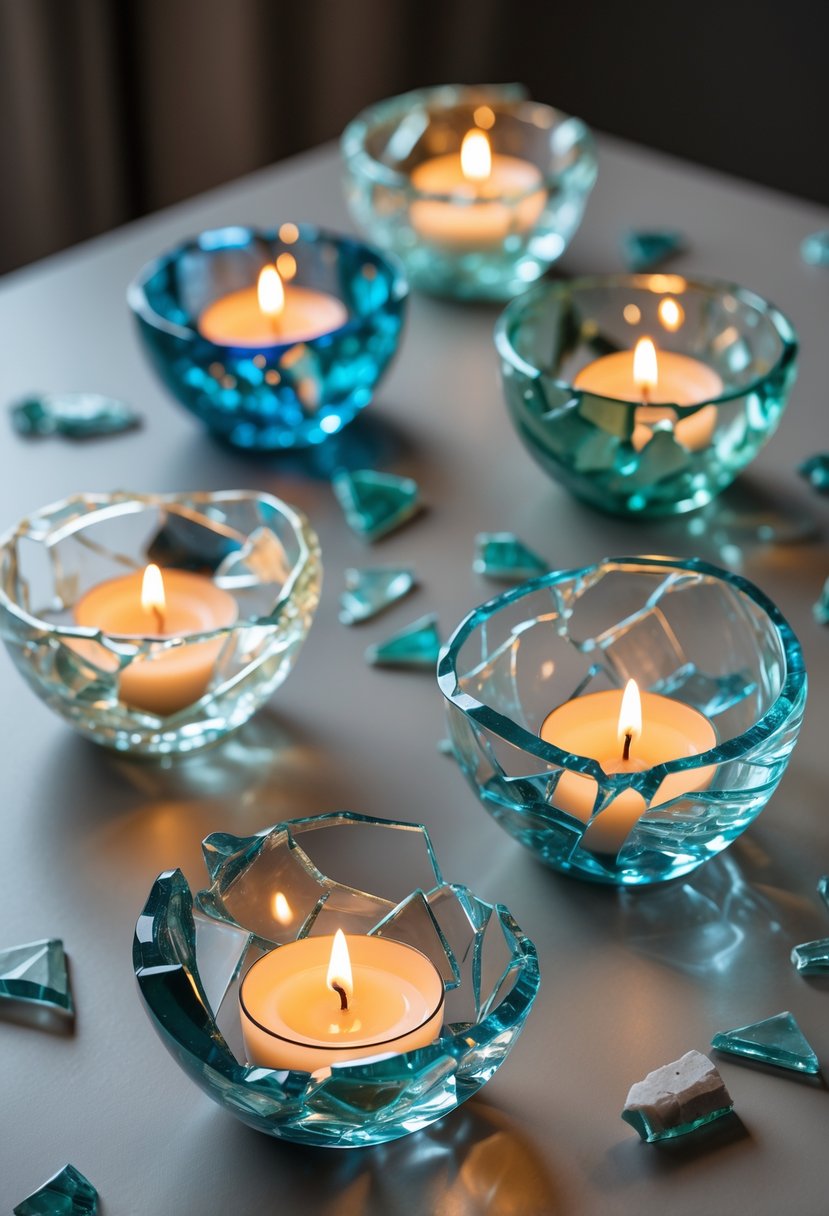 A collection of broken glass shard candle holders with lit candles arranged on a smooth surface.