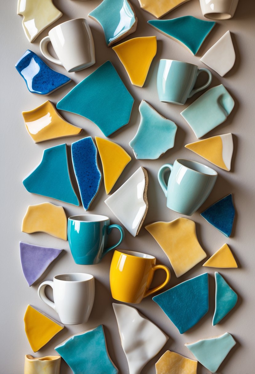 A collage of colorful broken ceramic mug shards arranged artistically on a wall.