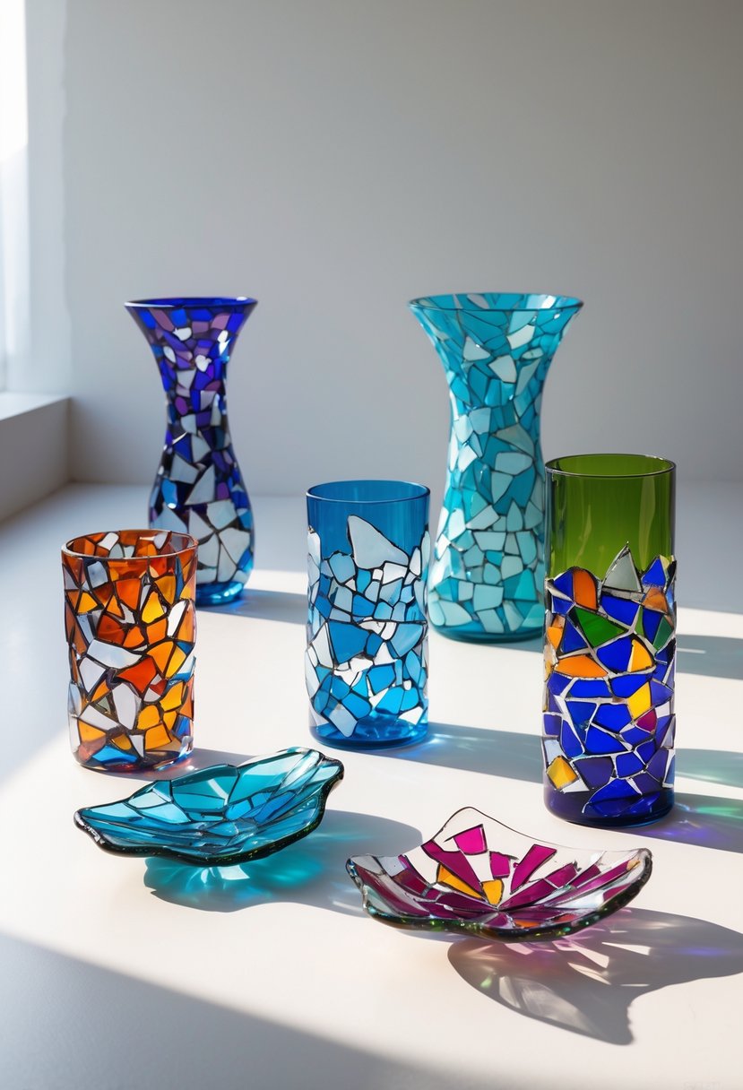A collection of decorative accents made from repurposed broken glass vase pieces arranged on a neutral surface.