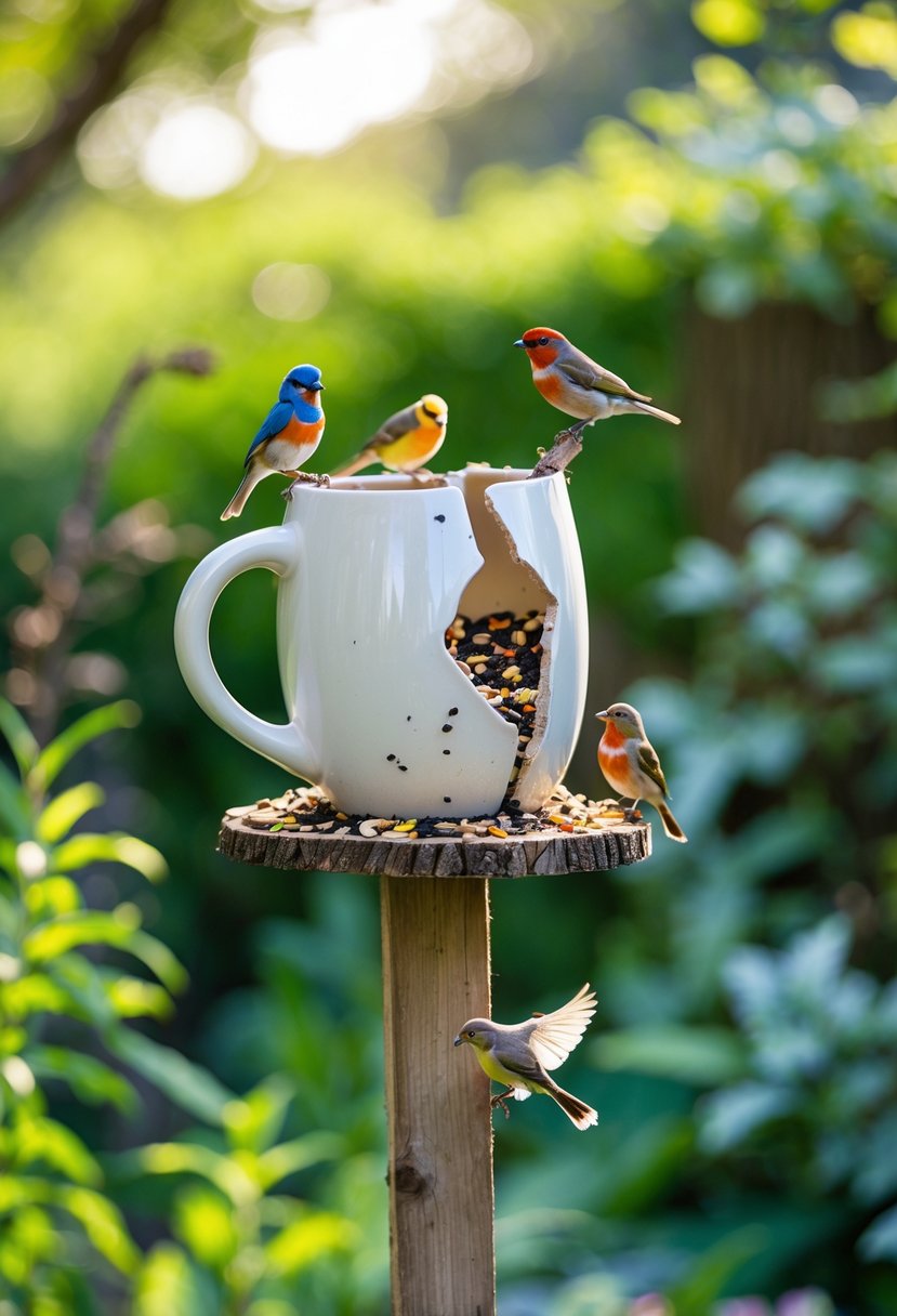A broken ceramic mug repurposed as a bird feeder on a wooden stake in a garden with small birds eating from it.